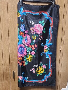 Black Floral Satin Scarf with Pink, Blue & Yellow Blooms 34inx34in